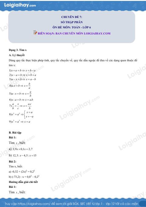 Dạng 3. Tìm x Chủ đề 7 Ôn hè Toán 6